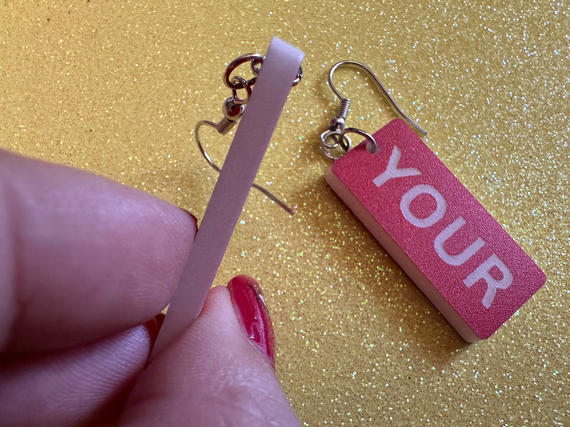 Custom Text Earrings: Laser Engraved Words, Red with White Text, Letters, Names, Teacher Gift, Anniversary, Best Gifts for Her/Him/Them