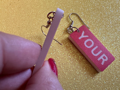 Custom Text Earrings: Laser Engraved Words, Red with White Text, Letters, Names, Teacher Gift, Anniversary, Best Gifts for Her/Him/Them