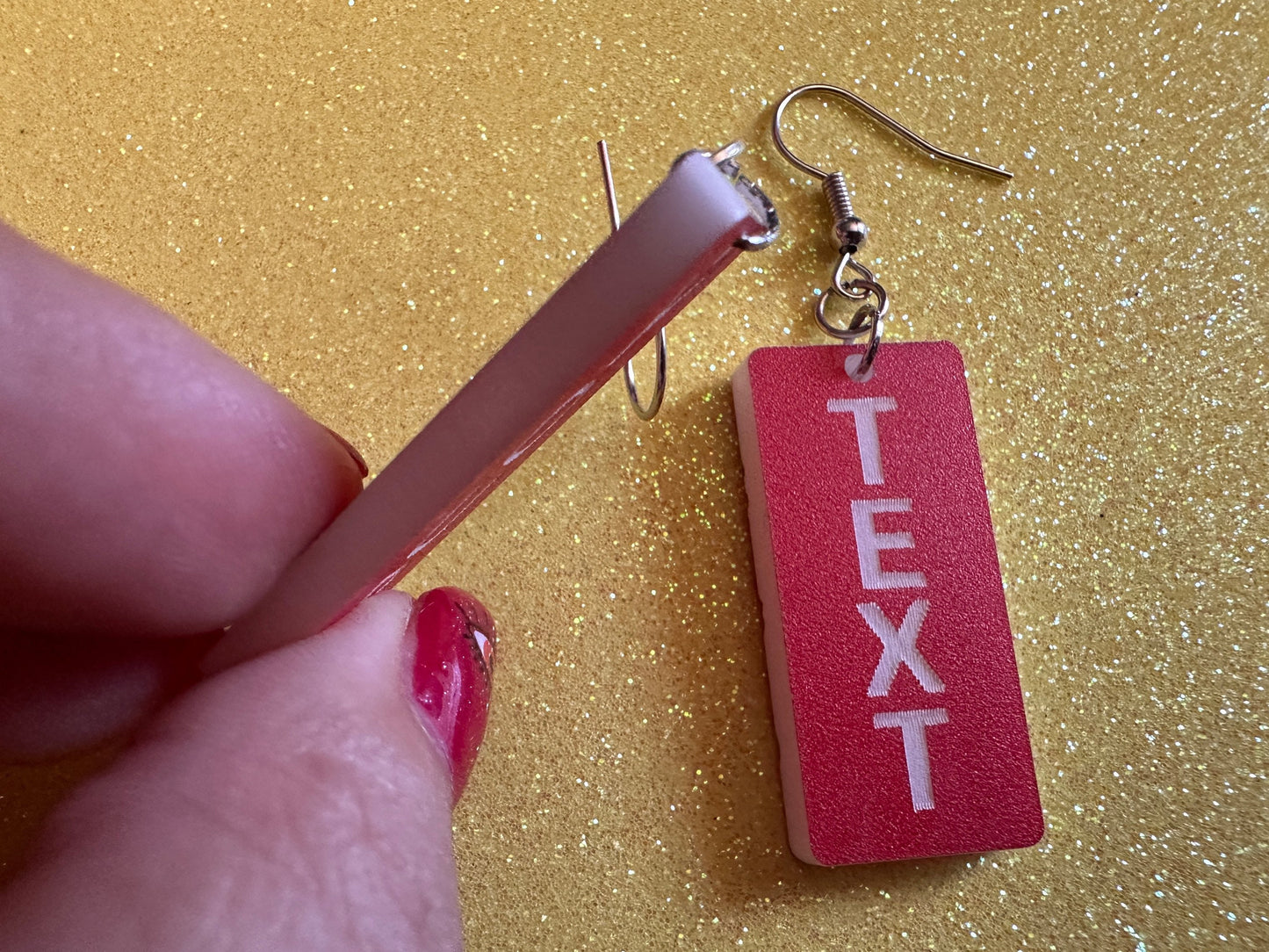 Custom Text Earrings: Laser Engraved Words, Red with White Text, Letters, Names, Teacher Gift, Anniversary, Best Gifts for Her/Him/Them