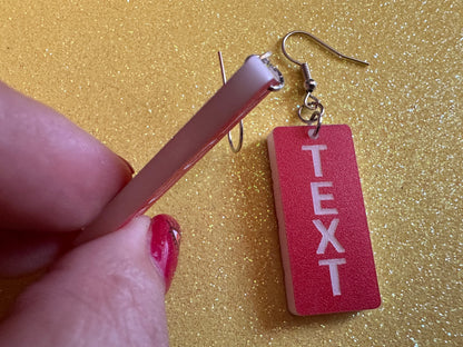 Custom Text Earrings: Laser Engraved Words, Red with White Text, Letters, Names, Teacher Gift, Anniversary, Best Gifts for Her/Him/Them