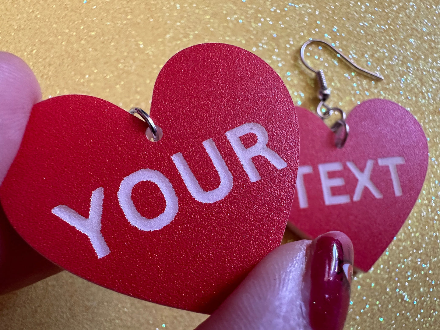 Custom Text Earrings: Laser Engraved Words, Red with White Text, Letters, Names, Teacher Gift, Anniversary, Best Gifts for Her/Him/Them