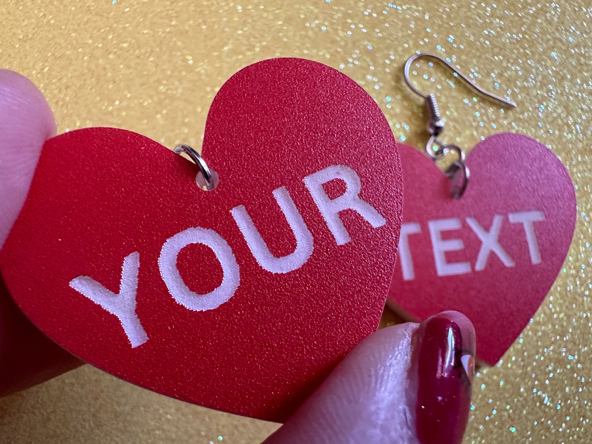 Custom Text Earrings: Laser Engraved Words, Red with White Text, Letters, Names, Teacher Gift, Anniversary, Best Gifts for Her/Him/Them