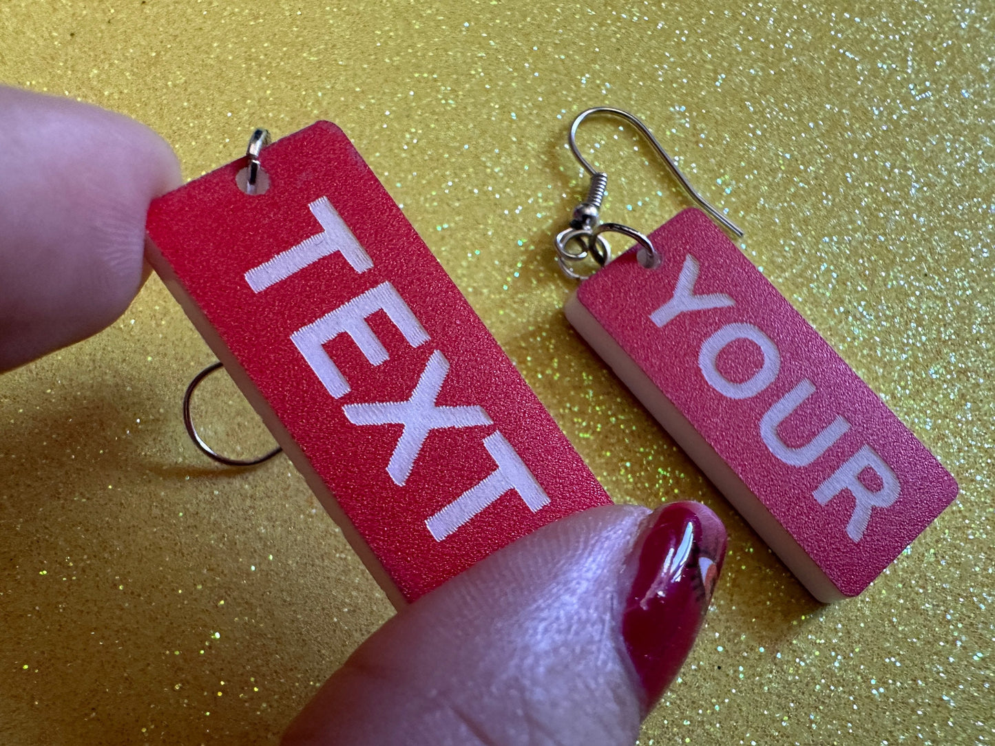 Custom Text Earrings: Laser Engraved Words, Red with White Text, Letters, Names, Teacher Gift, Anniversary, Best Gifts for Her/Him/Them