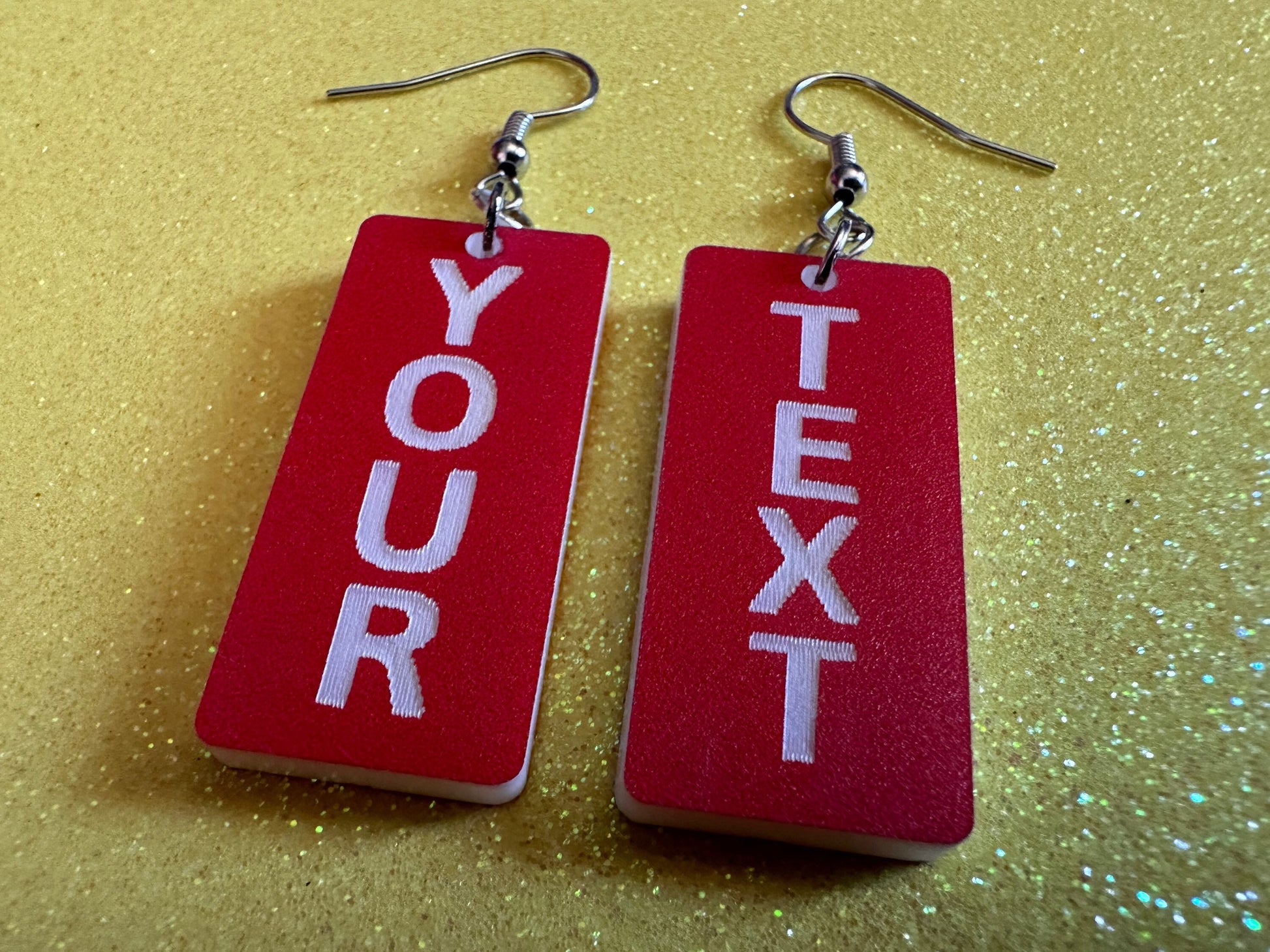 Custom Text Earrings: Laser Engraved Words, Red with White Text, Letters, Names, Teacher Gift, Anniversary, Best Gifts for Her/Him/Them
