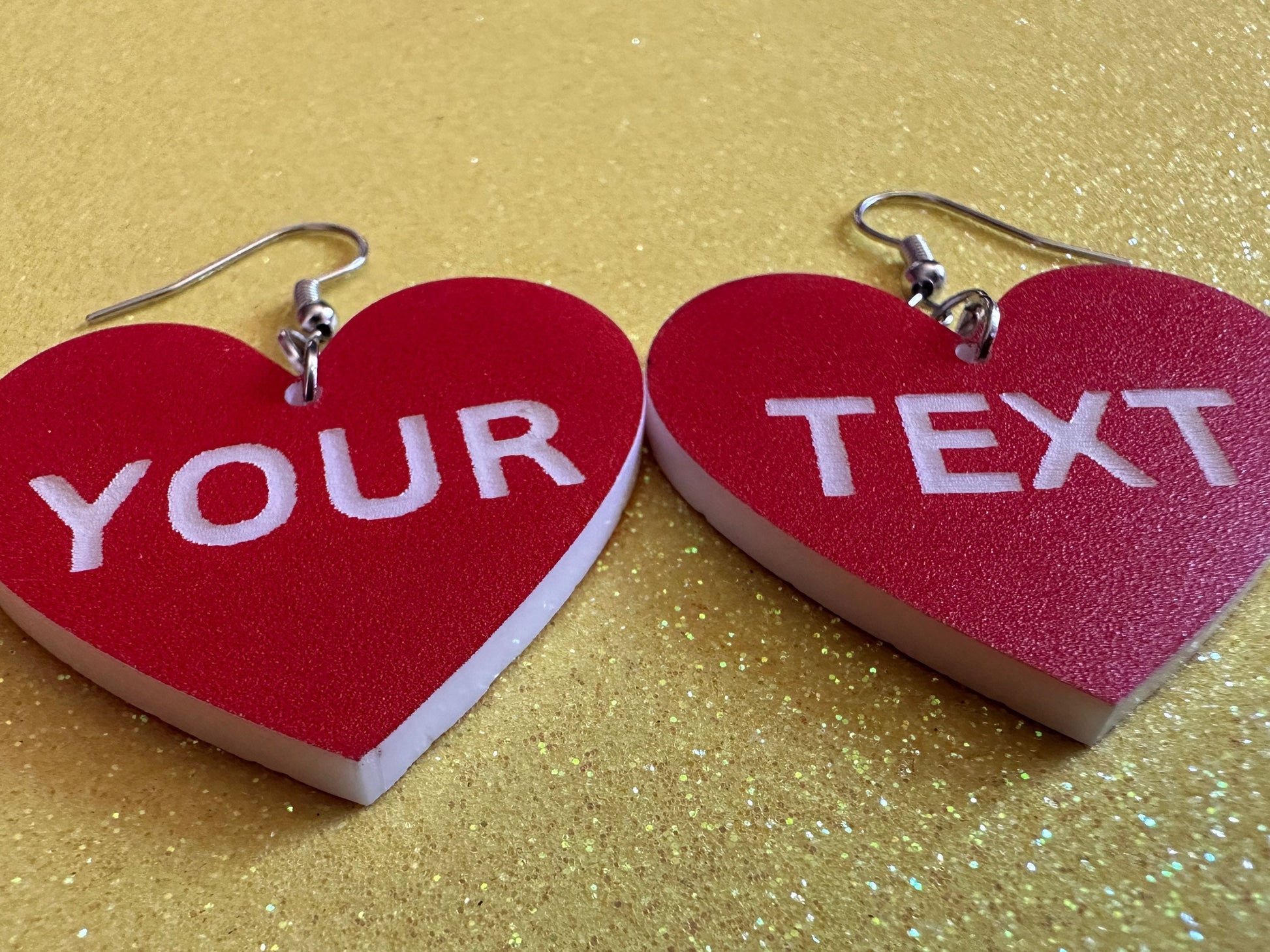 Custom Text Earrings: Laser Engraved Words, Red with White Text, Letters, Names, Teacher Gift, Anniversary, Best Gifts for Her/Him/Them