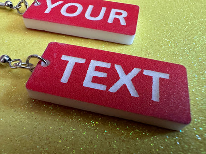 Custom Text Earrings: Laser Engraved Words, Red with White Text, Letters, Names, Teacher Gift, Anniversary, Best Gifts for Her/Him/Them