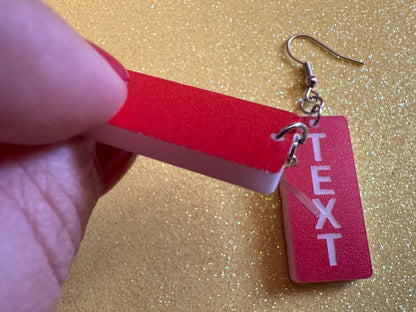 Custom Text Earrings: Laser Engraved Words, Red with White Text, Letters, Names, Teacher Gift, Anniversary, Best Gifts for Her/Him/Them