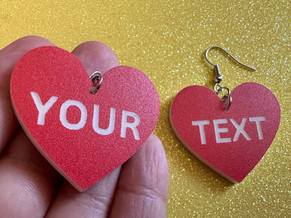 Custom Text Earrings: Laser Engraved Words, Red with White Text, Letters, Names, Teacher Gift, Anniversary, Best Gifts for Her/Him/Them