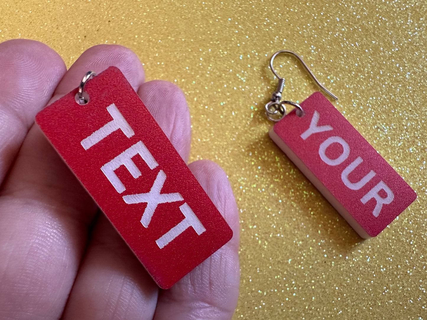 Custom Text Earrings: Laser Engraved Words, Red with White Text, Letters, Names, Teacher Gift, Anniversary, Best Gifts for Her/Him/Them