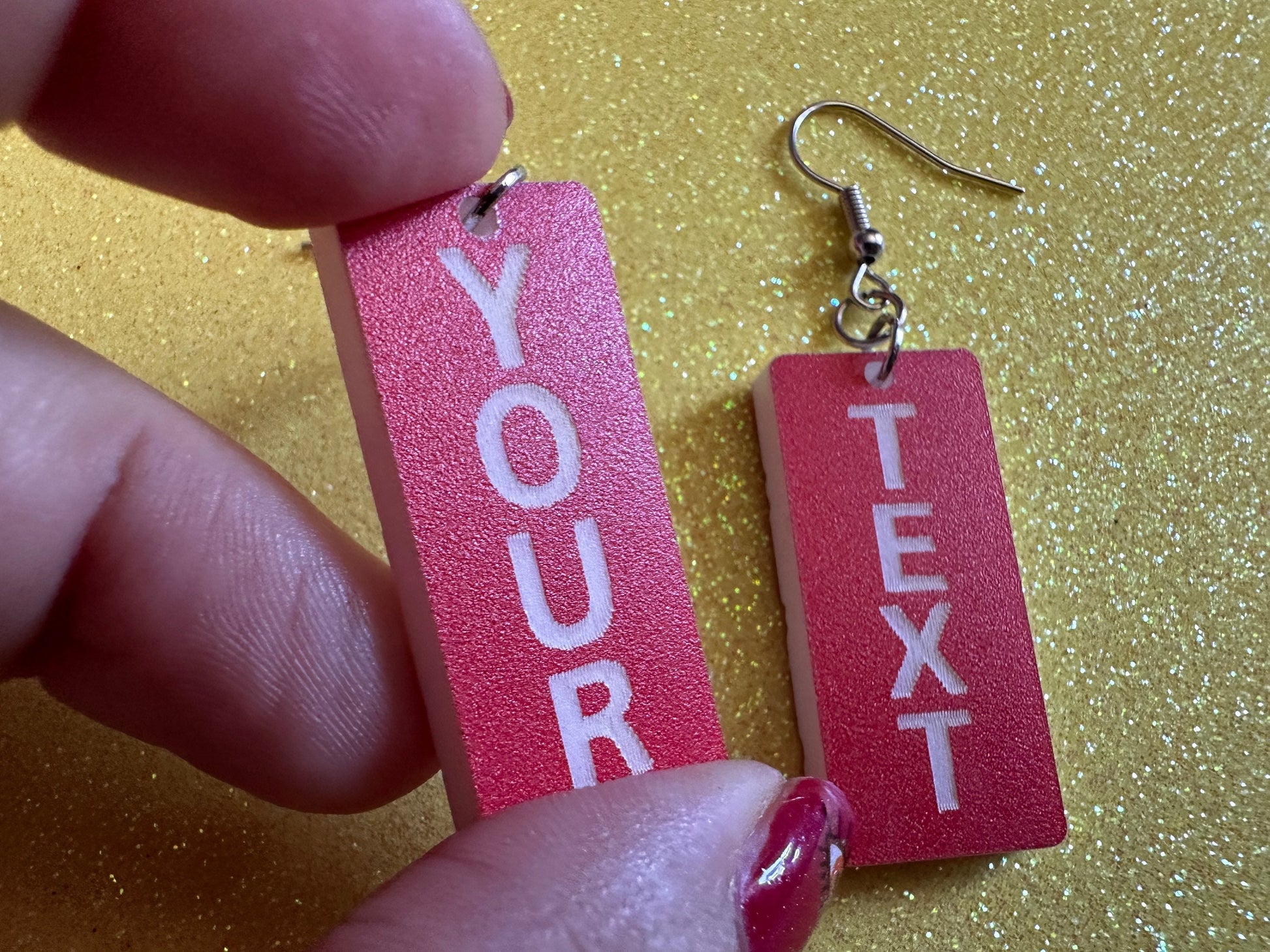 Custom Text Earrings: Laser Engraved Words, Red with White Text, Letters, Names, Teacher Gift, Anniversary, Best Gifts for Her/Him/Them