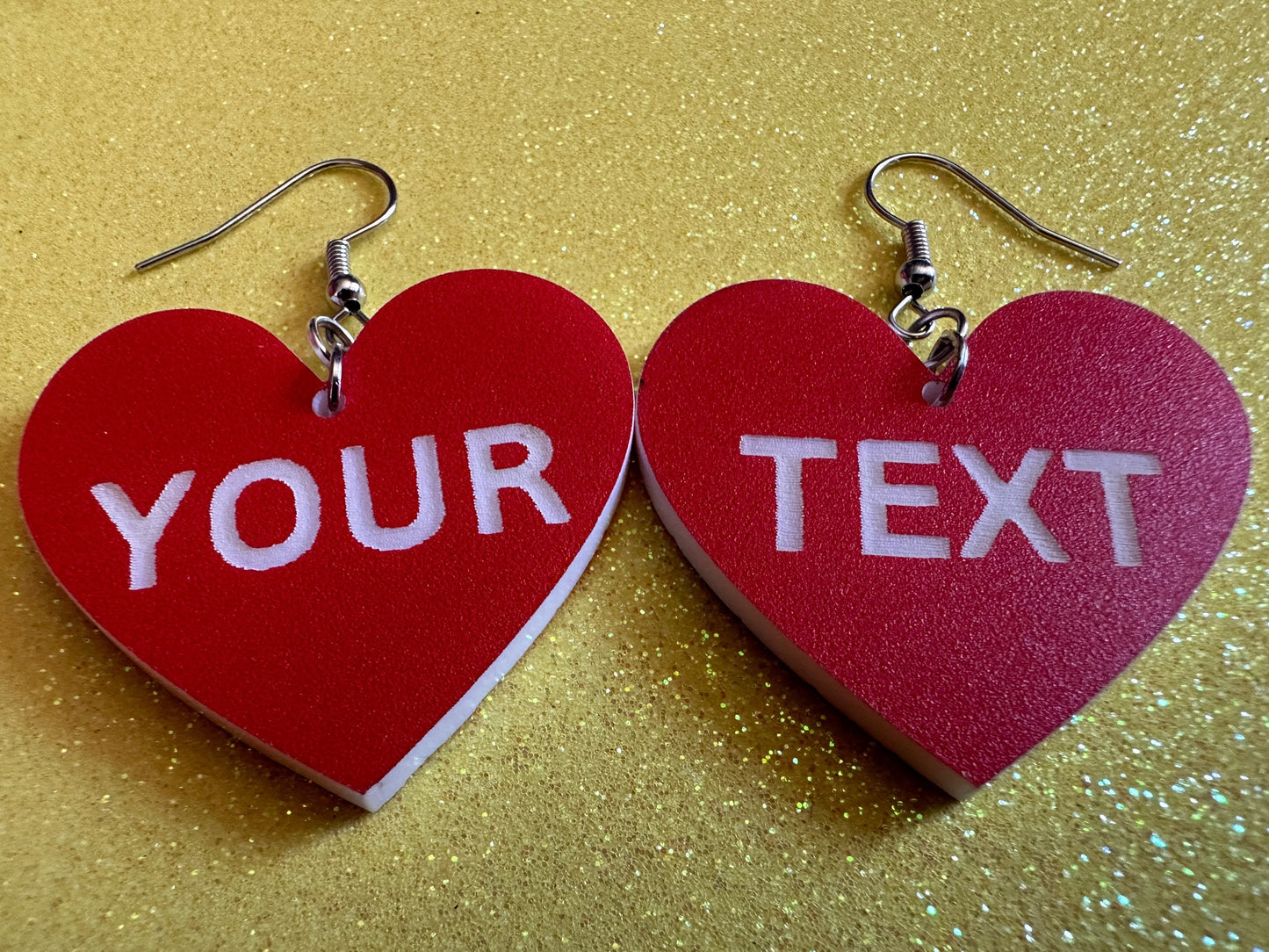 Custom Text Earrings: Laser Engraved Words, Red with White Text, Letters, Names, Teacher Gift, Anniversary, Best Gifts for Her/Him/Them