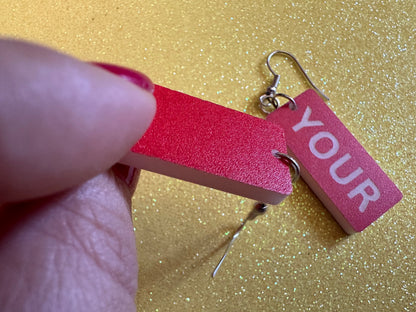 Custom Text Earrings: Laser Engraved Words, Red with White Text, Letters, Names, Teacher Gift, Anniversary, Best Gifts for Her/Him/Them