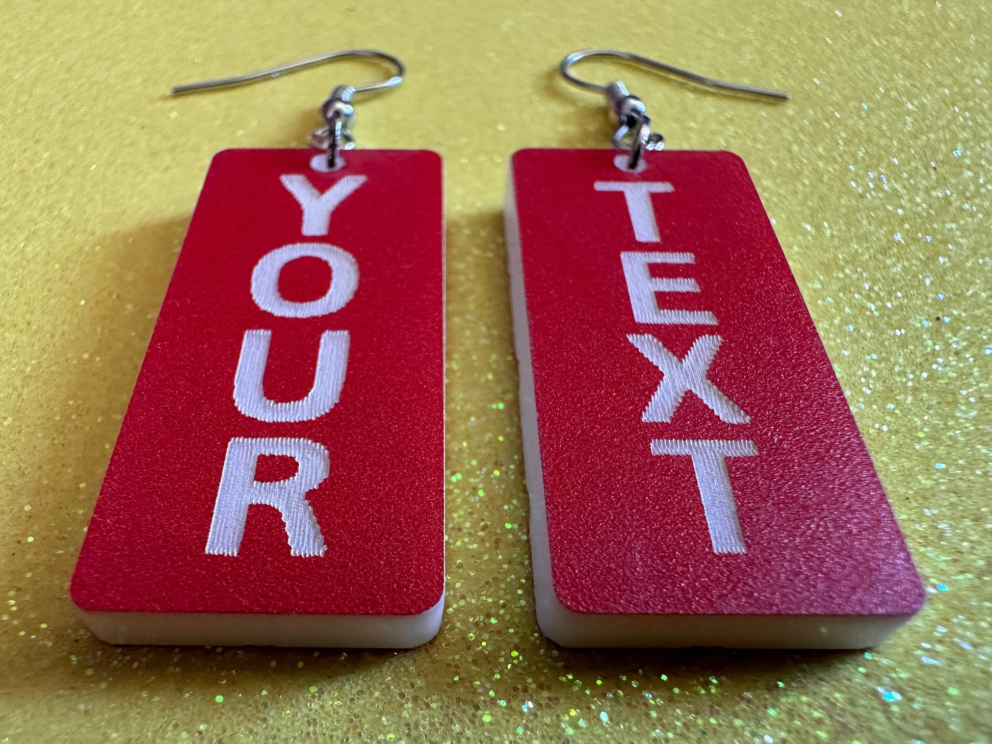 Custom Text Earrings: Laser Engraved Words, Red with White Text, Letters, Names, Teacher Gift, Anniversary, Best Gifts for Her/Him/Them