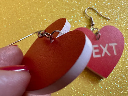 Custom Text Earrings: Laser Engraved Words, Red with White Text, Letters, Names, Teacher Gift, Anniversary, Best Gifts for Her/Him/Them