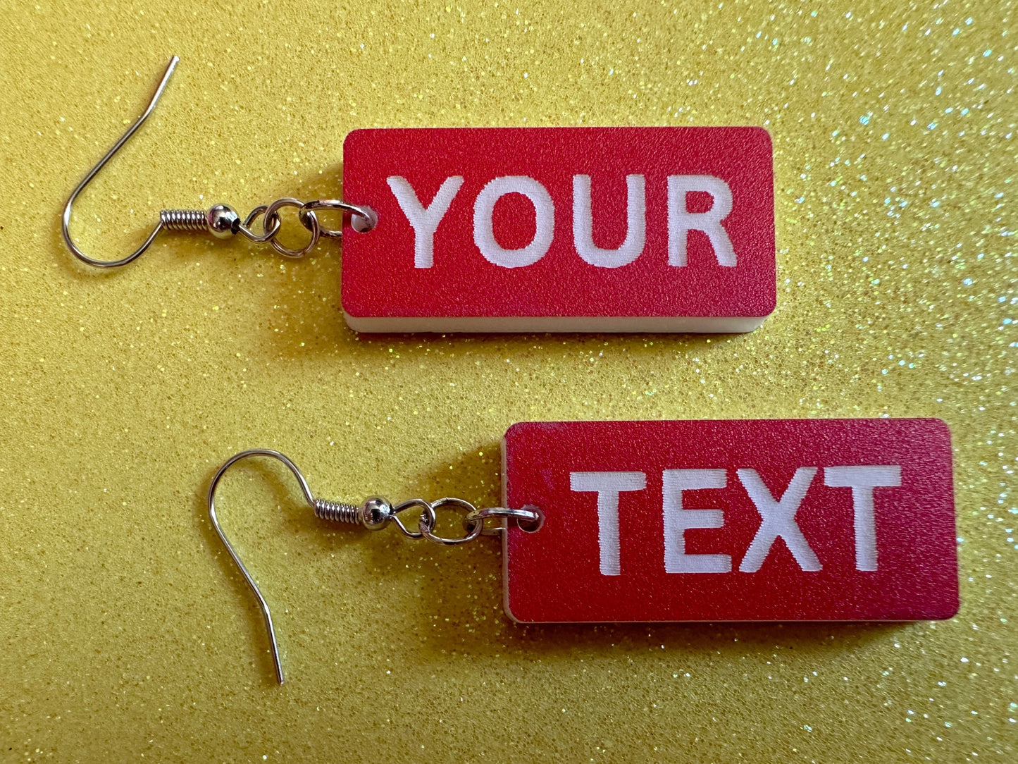 Custom Text Earrings: Laser Engraved Words, Red with White Text, Letters, Names, Teacher Gift, Anniversary, Best Gifts for Her/Him/Them
