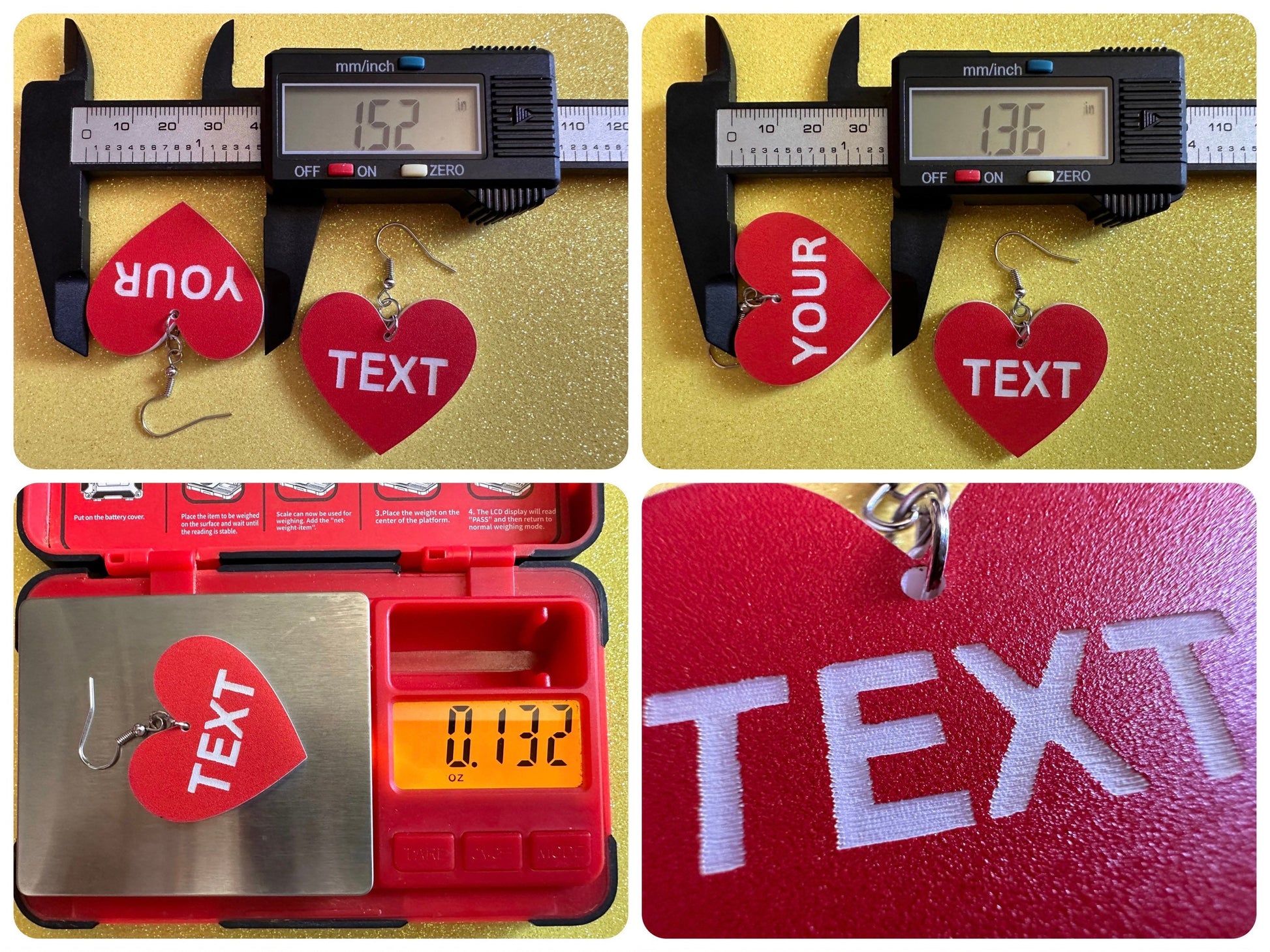 Custom Text Earrings: Laser Engraved Words, Red with White Text, Letters, Names, Teacher Gift, Anniversary, Best Gifts for Her/Him/Them