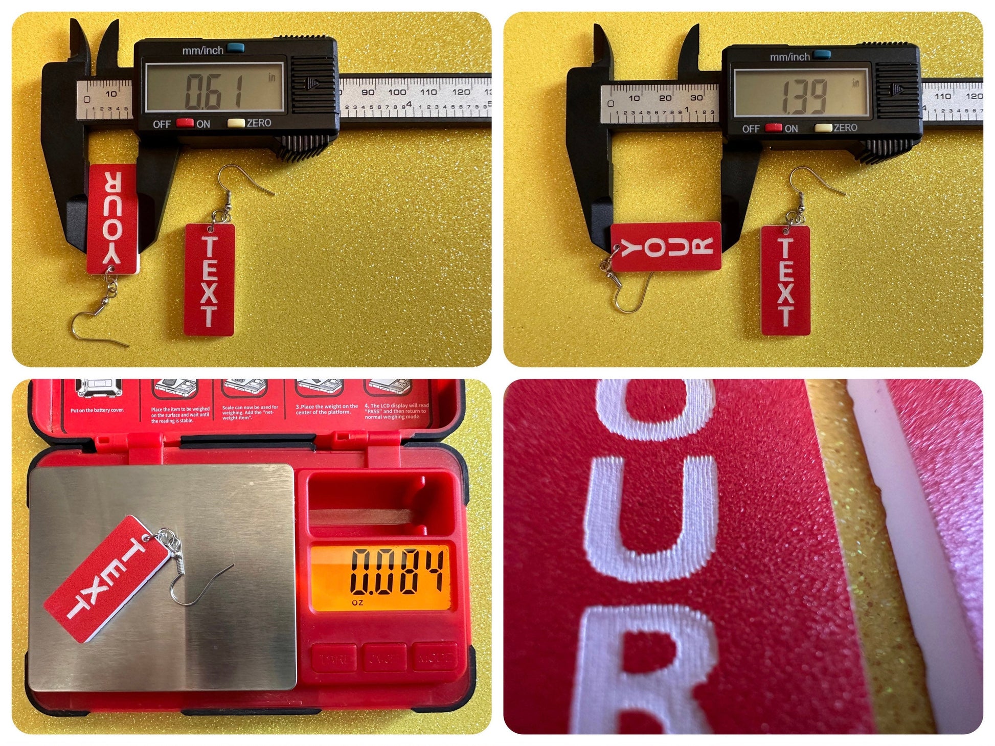 Custom Text Earrings: Laser Engraved Words, Red with White Text, Letters, Names, Teacher Gift, Anniversary, Best Gifts for Her/Him/Them