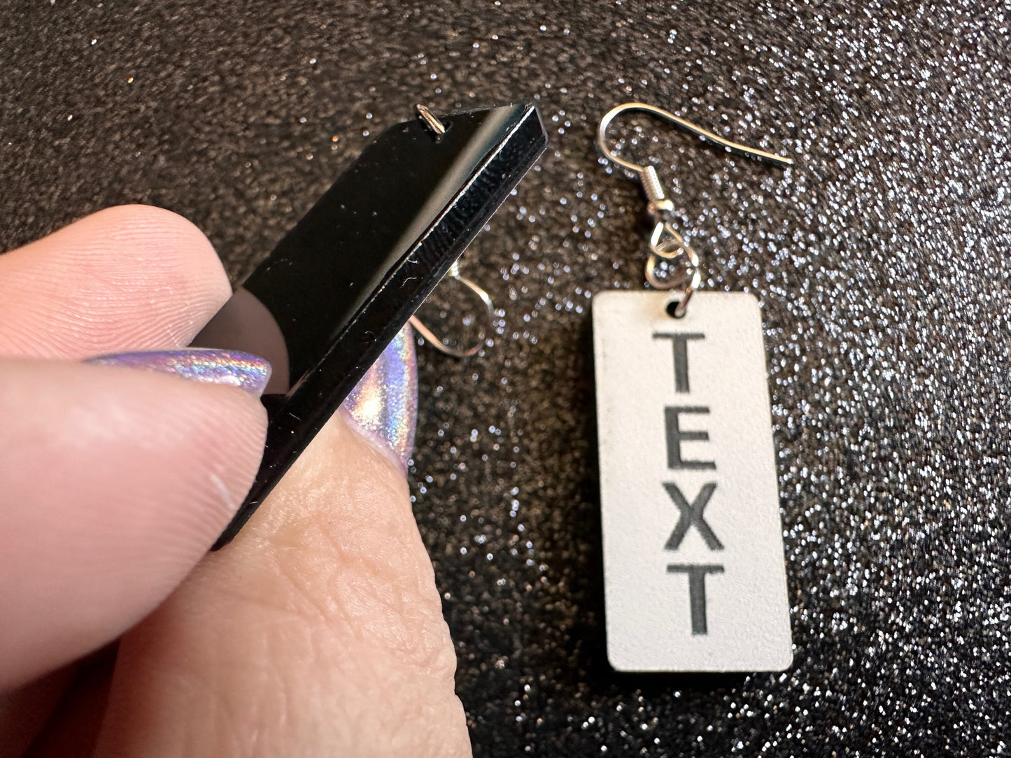 Custom Text Earrings: Laser Engraved Words, White with Black Text, Letters, Names, Teacher Gift, Anniversary, Best Gifts for Her/Him/Them