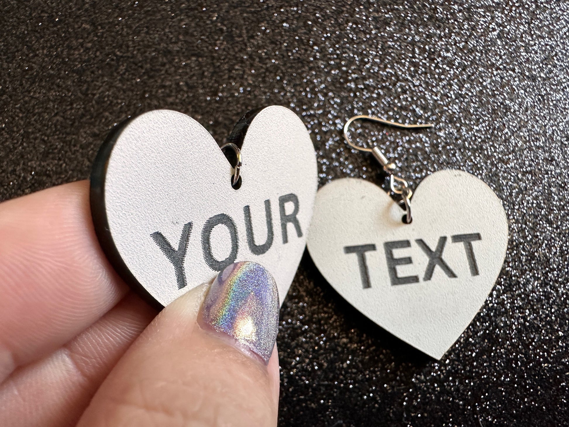 Custom Text Earrings: Laser Engraved Words, White with Black Text, Letters, Names, Teacher Gift, Anniversary, Best Gifts for Her/Him/Them
