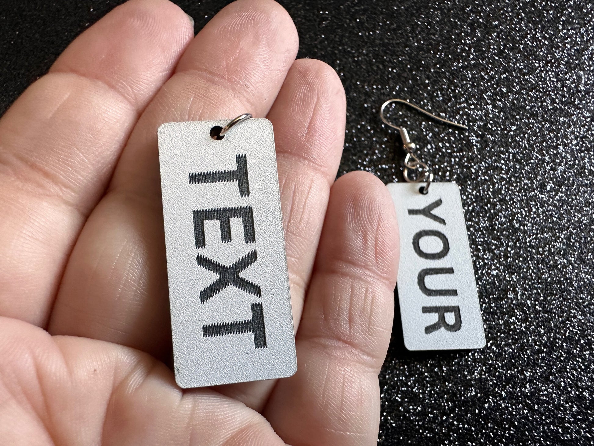 Custom Text Earrings: Laser Engraved Words, White with Black Text, Letters, Names, Teacher Gift, Anniversary, Best Gifts for Her/Him/Them