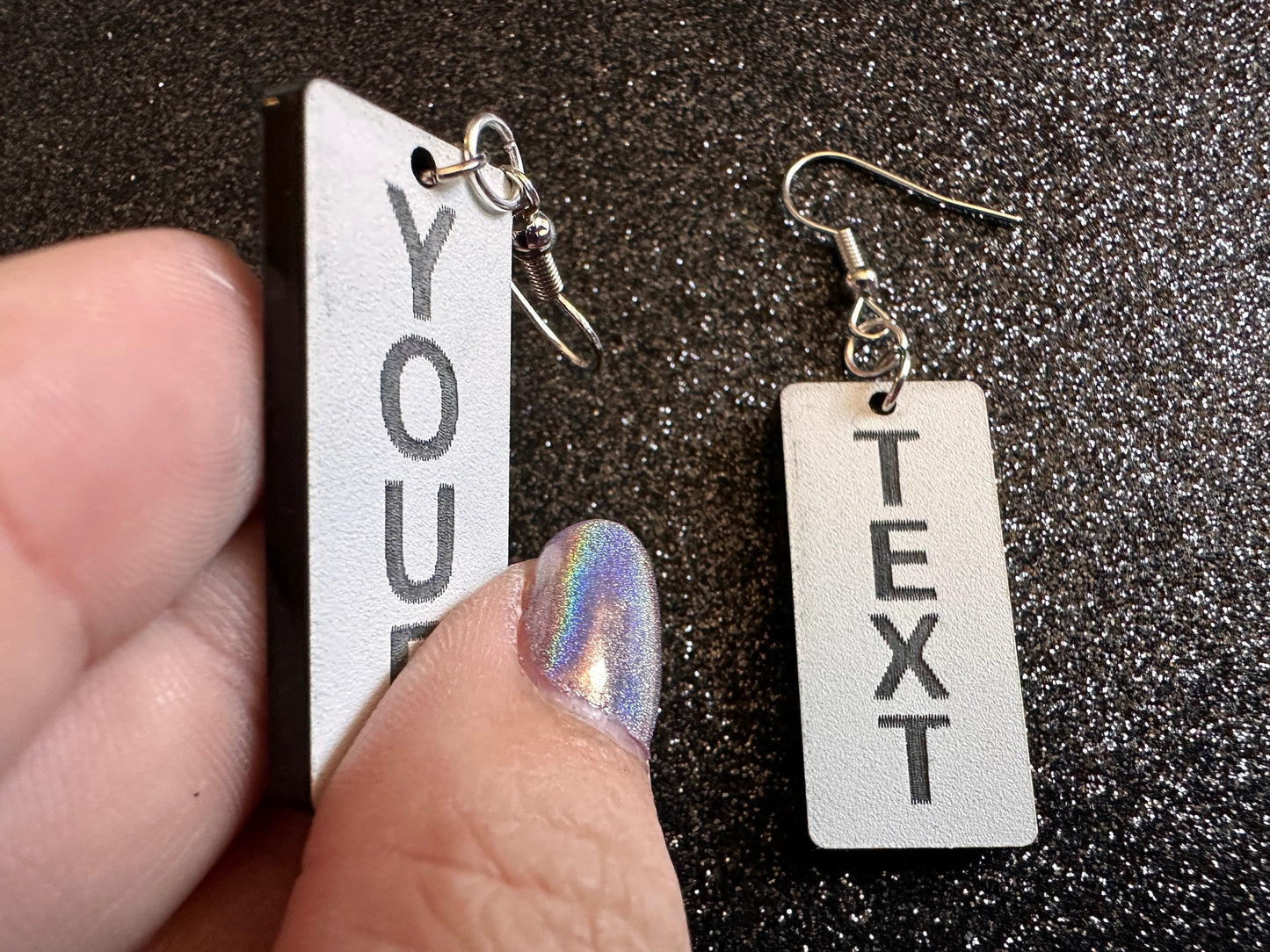 Custom Text Earrings: Laser Engraved Words, White with Black Text, Letters, Names, Teacher Gift, Anniversary, Best Gifts for Her/Him/Them