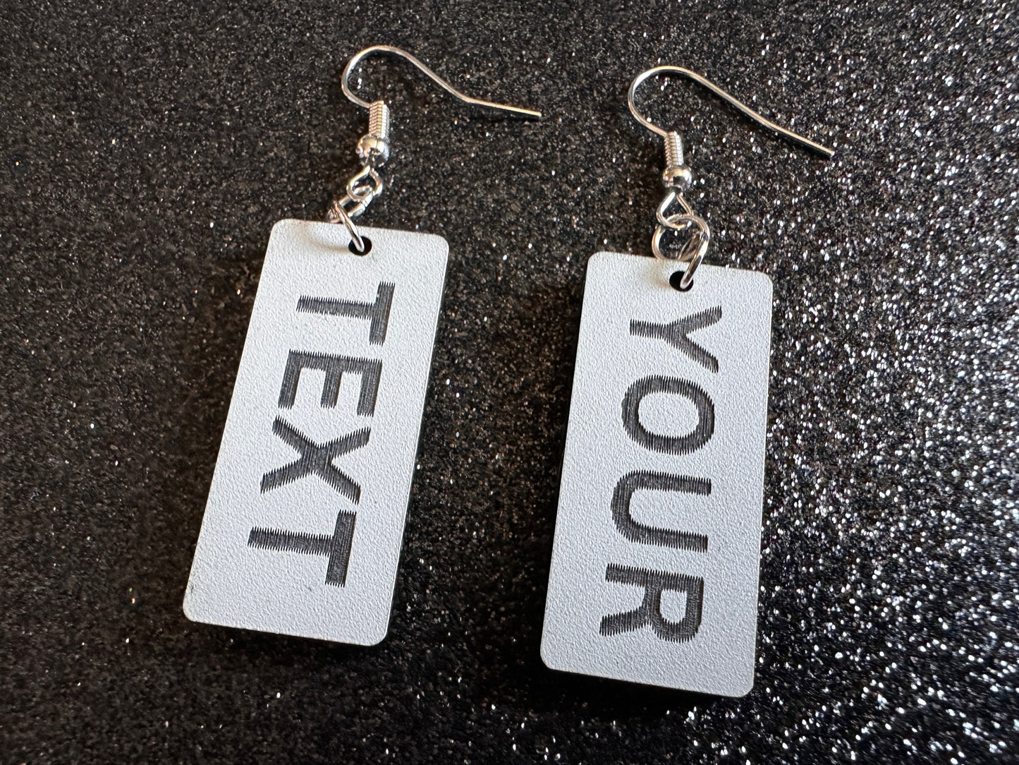 Custom Text Earrings: Laser Engraved Words, White with Black Text, Letters, Names, Teacher Gift, Anniversary, Best Gifts for Her/Him/Them