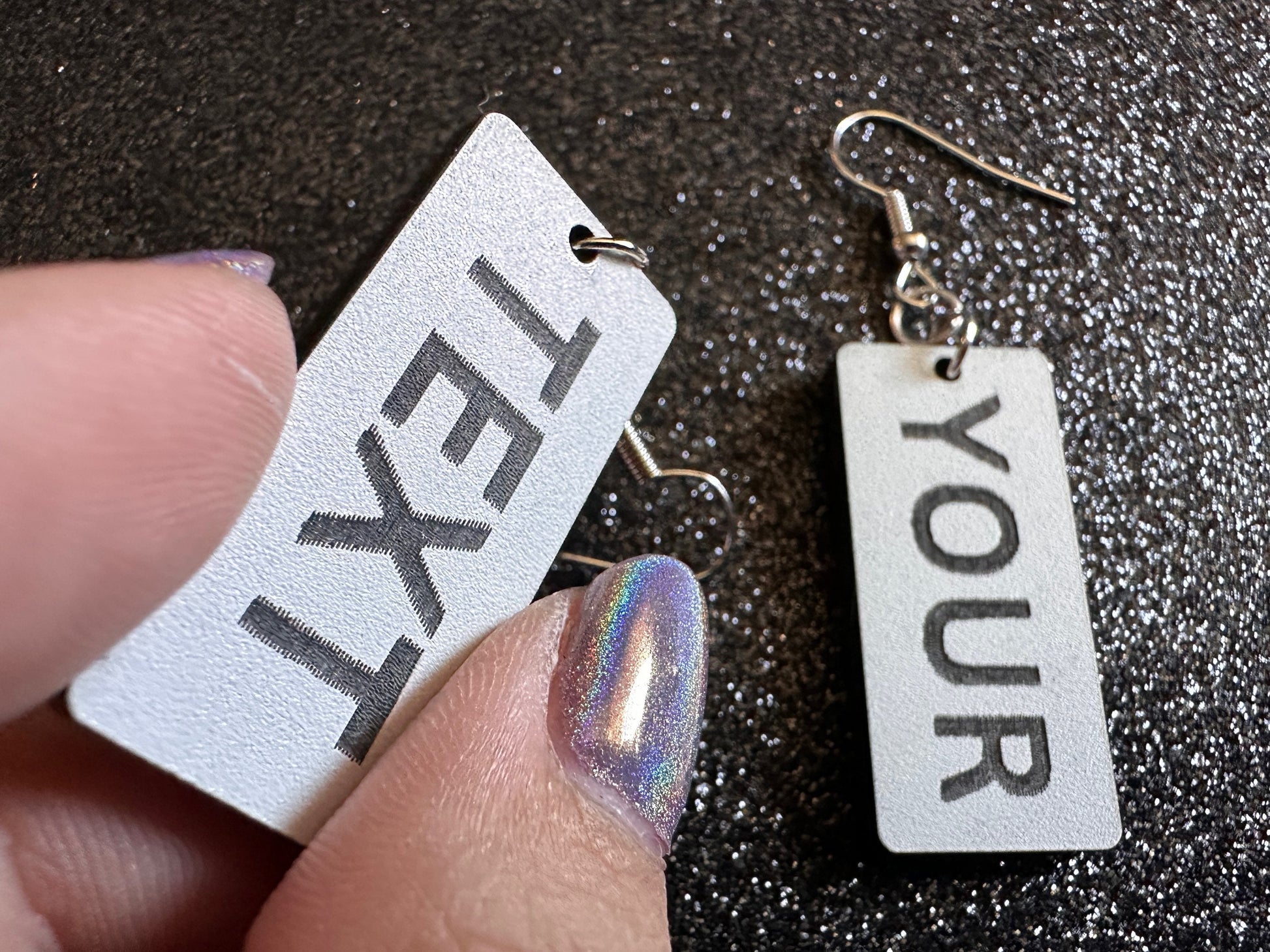 Custom Text Earrings: Laser Engraved Words, White with Black Text, Letters, Names, Teacher Gift, Anniversary, Best Gifts for Her/Him/Them