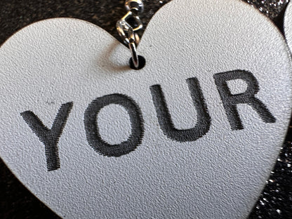 Custom Text Earrings: Laser Engraved Words, White with Black Text, Letters, Names, Teacher Gift, Anniversary, Best Gifts for Her/Him/Them