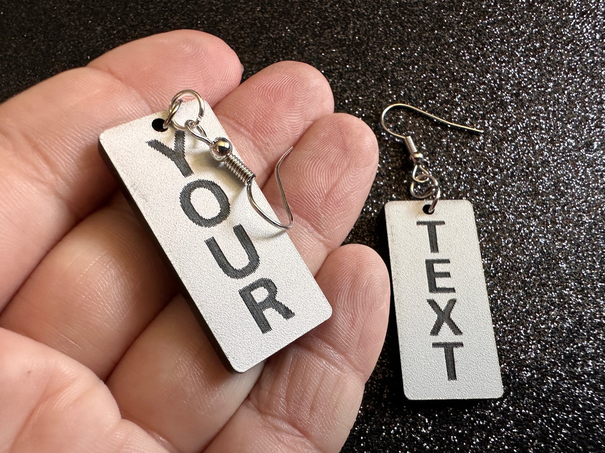 Custom Text Earrings: Laser Engraved Words, White with Black Text, Letters, Names, Teacher Gift, Anniversary, Best Gifts for Her/Him/Them