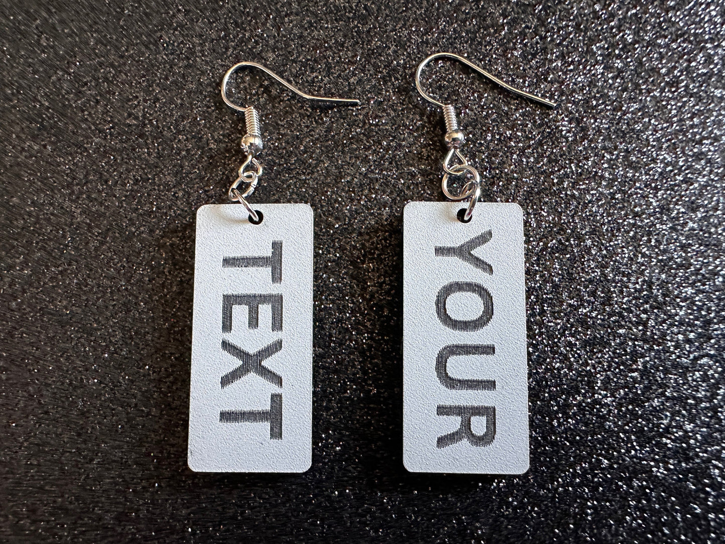 Custom Text Earrings: Laser Engraved Words, White with Black Text, Letters, Names, Teacher Gift, Anniversary, Best Gifts for Her/Him/Them