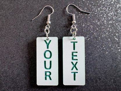 Custom Text Earrings: Laser Engraved Words, White with Green Text, Letters, Names, Teacher Gift, Anniversary, Best Gifts for Her/Him/Them