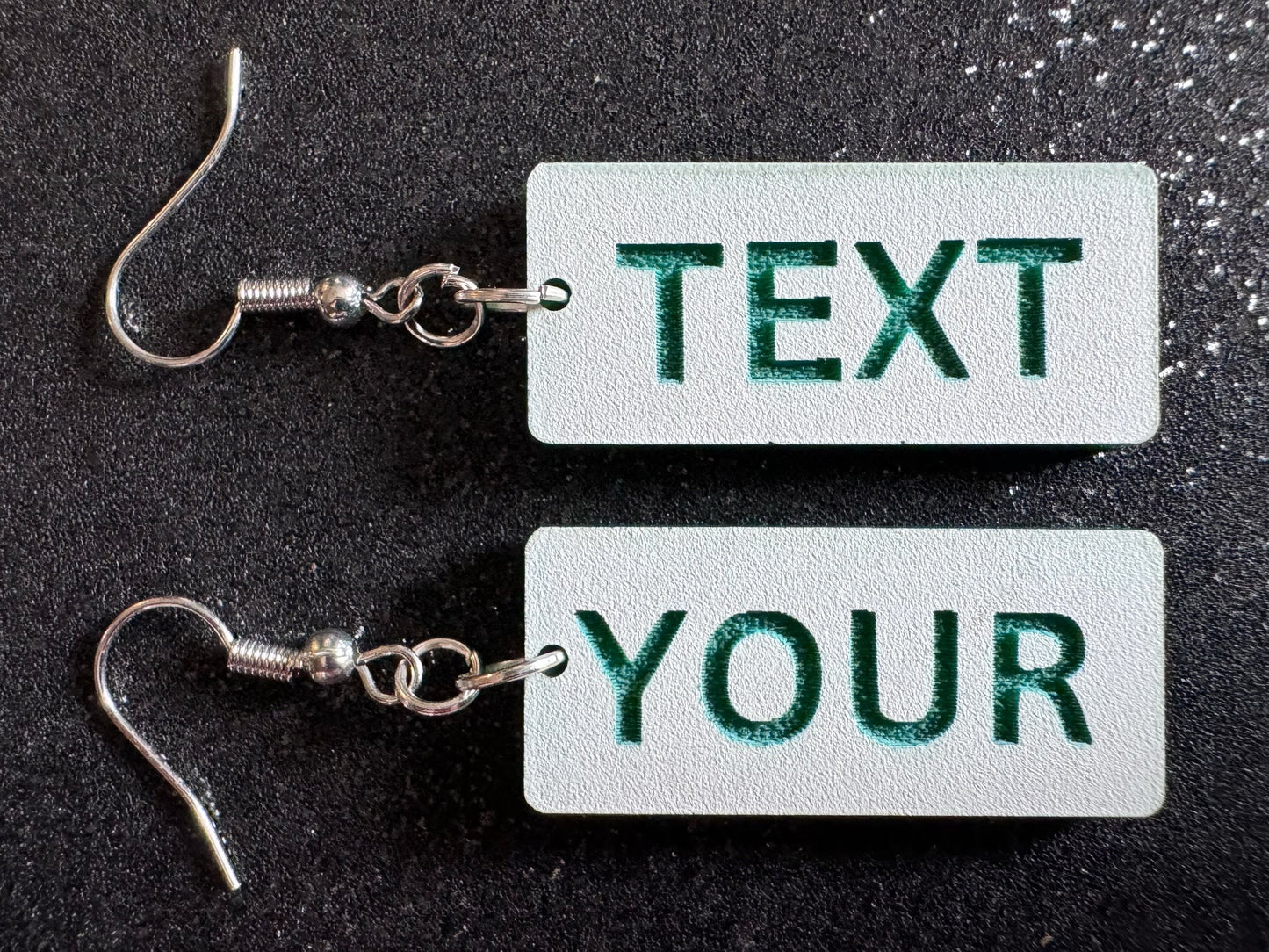 Custom Text Earrings: Laser Engraved Words, White with Green Text, Letters, Names, Teacher Gift, Anniversary, Best Gifts for Her/Him/Them