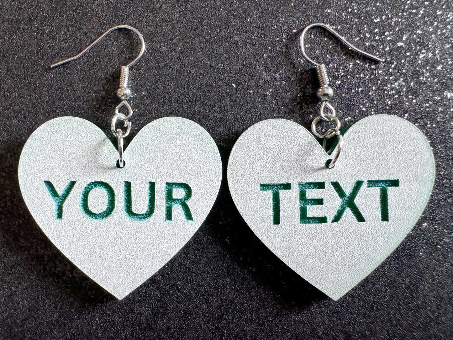 Custom Text Earrings: Laser Engraved Words, White with Green Text, Letters, Names, Teacher Gift, Anniversary, Best Gifts for Her/Him/Them