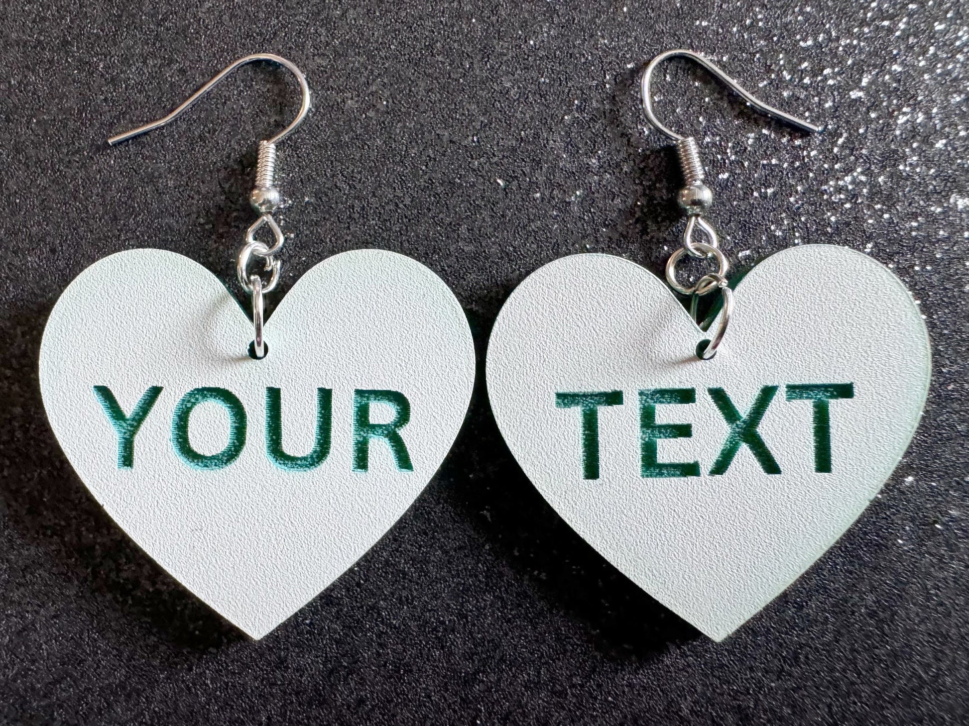 Custom Text Earrings: Laser Engraved Words, White with Green Text, Letters, Names, Teacher Gift, Anniversary, Best Gifts for Her/Him/Them