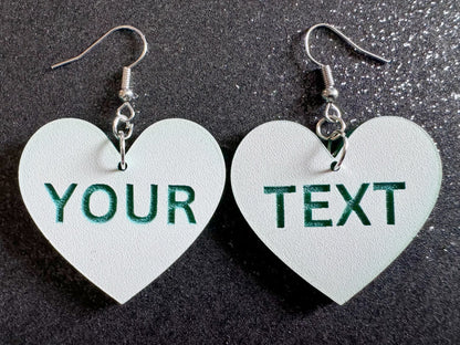 Custom Text Earrings: Laser Engraved Words, White with Green Text, Letters, Names, Teacher Gift, Anniversary, Best Gifts for Her/Him/Them
