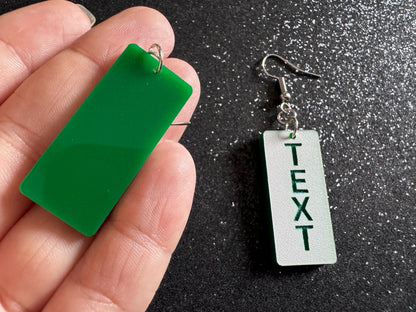Custom Text Earrings: Laser Engraved Words, White with Green Text, Letters, Names, Teacher Gift, Anniversary, Best Gifts for Her/Him/Them