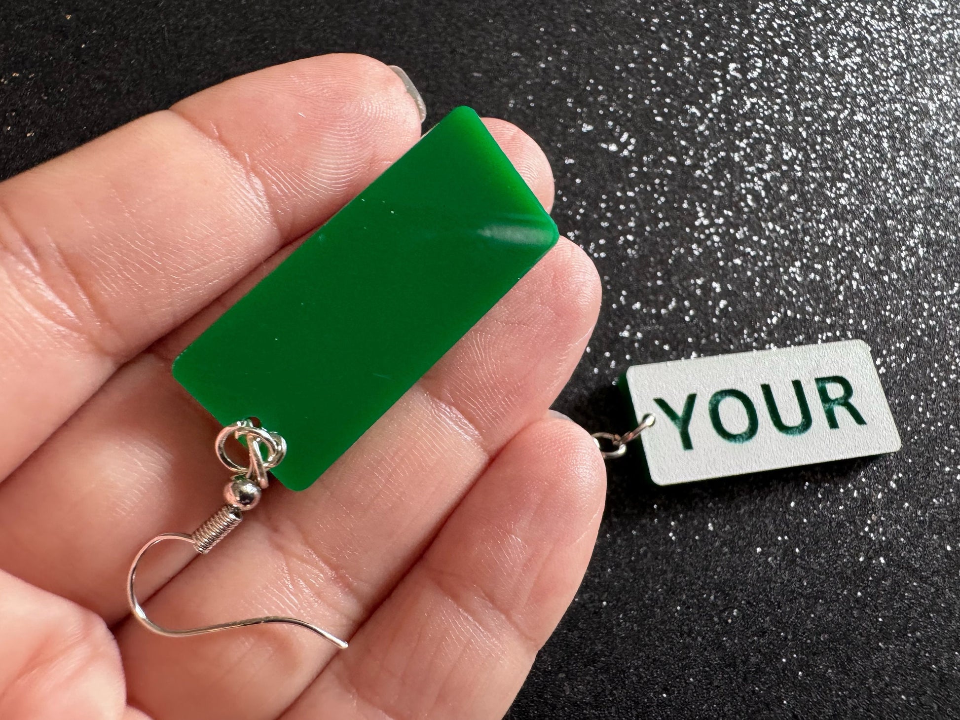 Custom Text Earrings: Laser Engraved Words, White with Green Text, Letters, Names, Teacher Gift, Anniversary, Best Gifts for Her/Him/Them