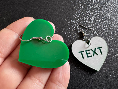 Custom Text Earrings: Laser Engraved Words, White with Green Text, Letters, Names, Teacher Gift, Anniversary, Best Gifts for Her/Him/Them