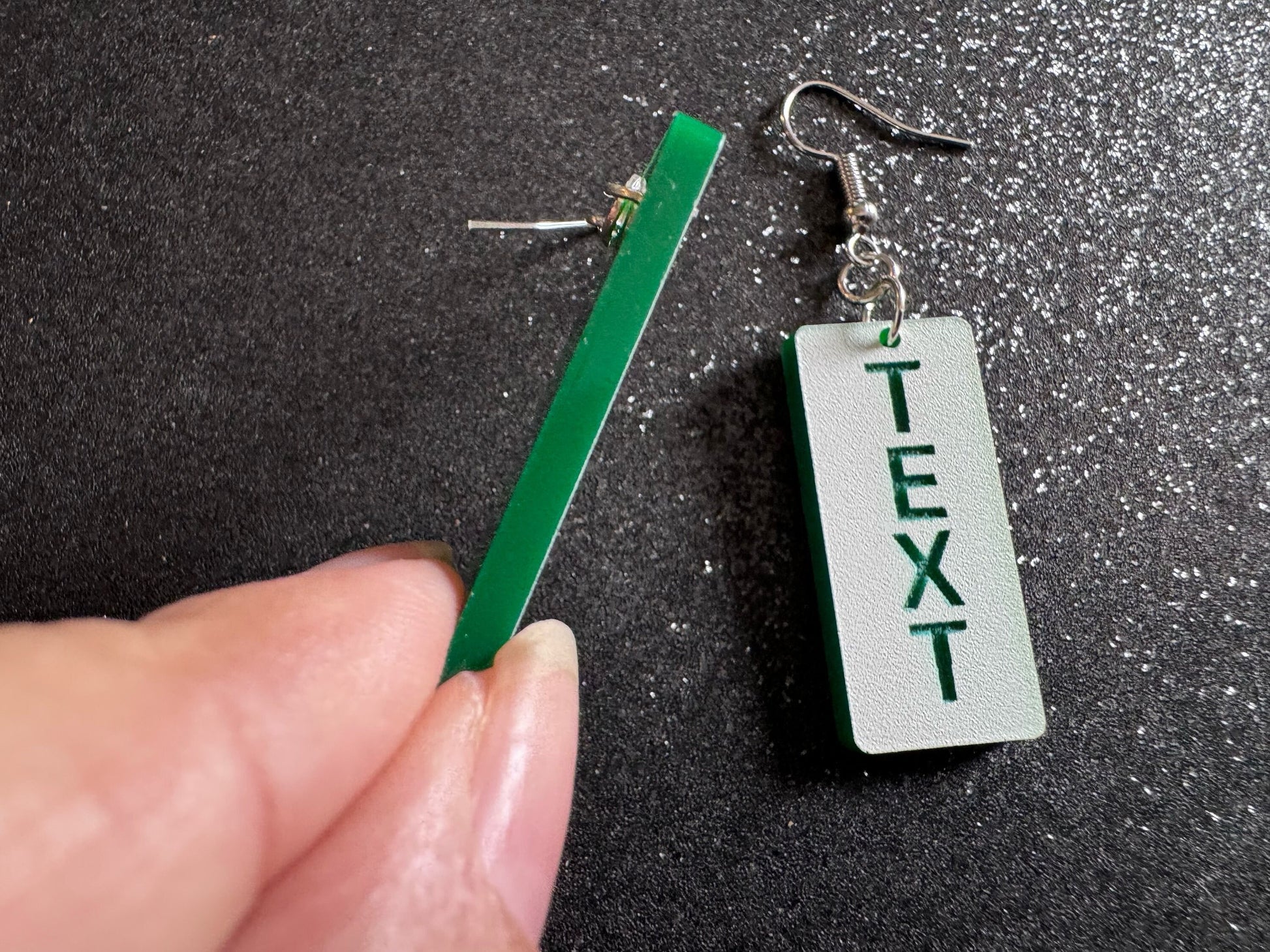Custom Text Earrings: Laser Engraved Words, White with Green Text, Letters, Names, Teacher Gift, Anniversary, Best Gifts for Her/Him/Them
