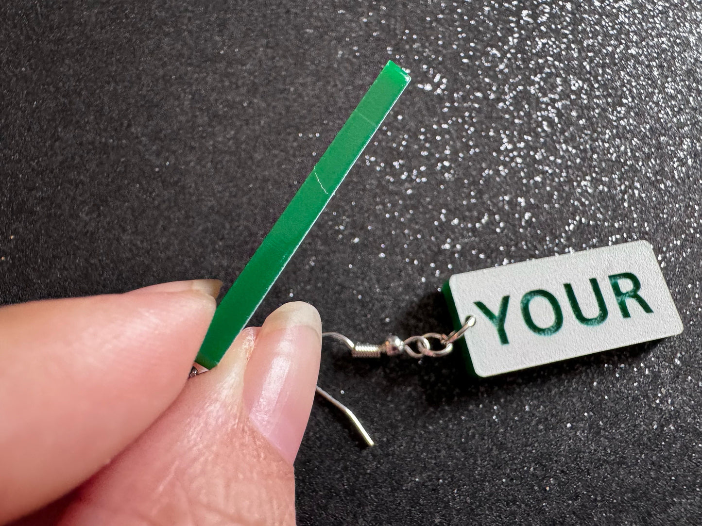 Custom Text Earrings: Laser Engraved Words, White with Green Text, Letters, Names, Teacher Gift, Anniversary, Best Gifts for Her/Him/Them
