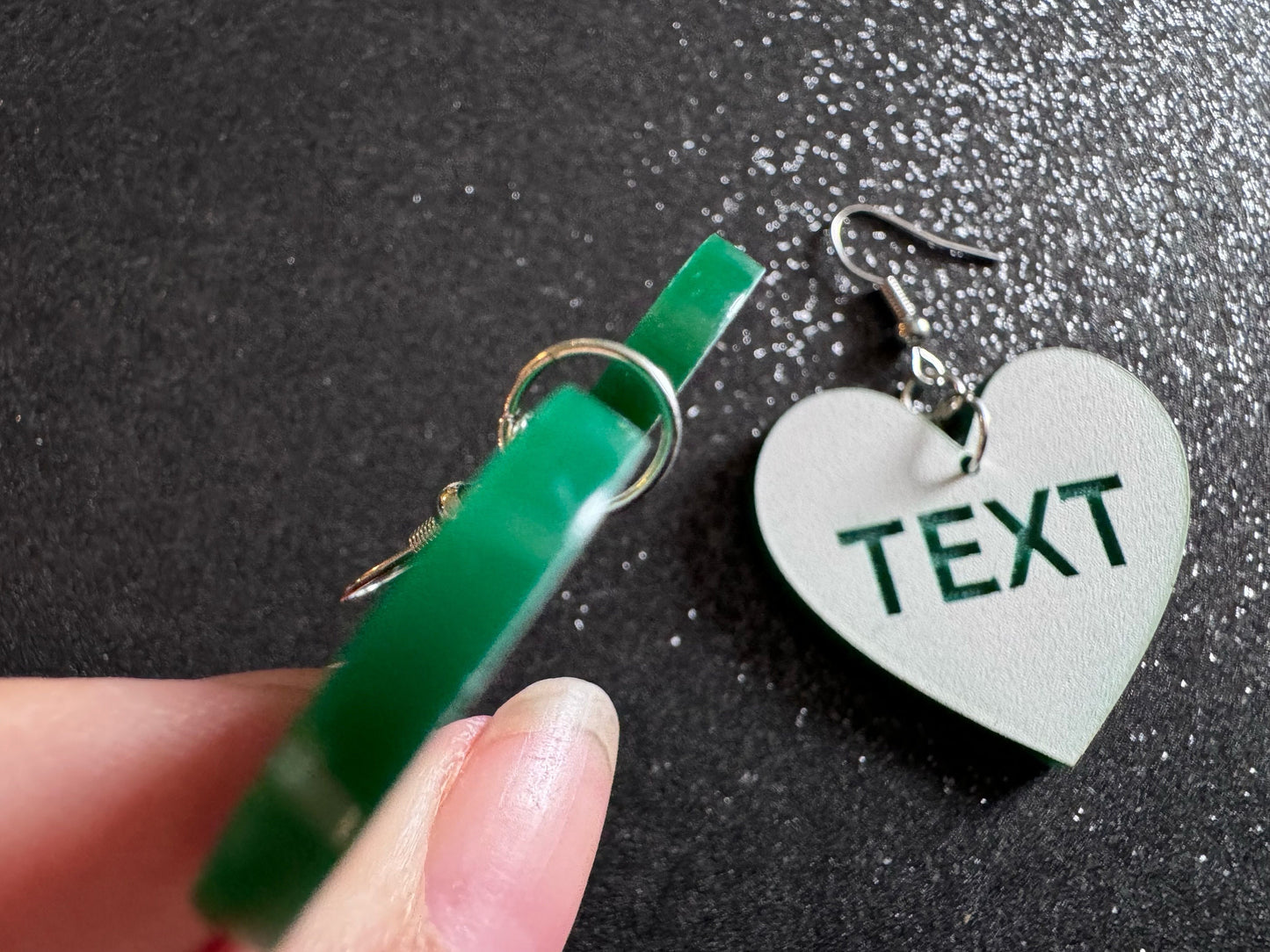 Custom Text Earrings: Laser Engraved Words, White with Green Text, Letters, Names, Teacher Gift, Anniversary, Best Gifts for Her/Him/Them