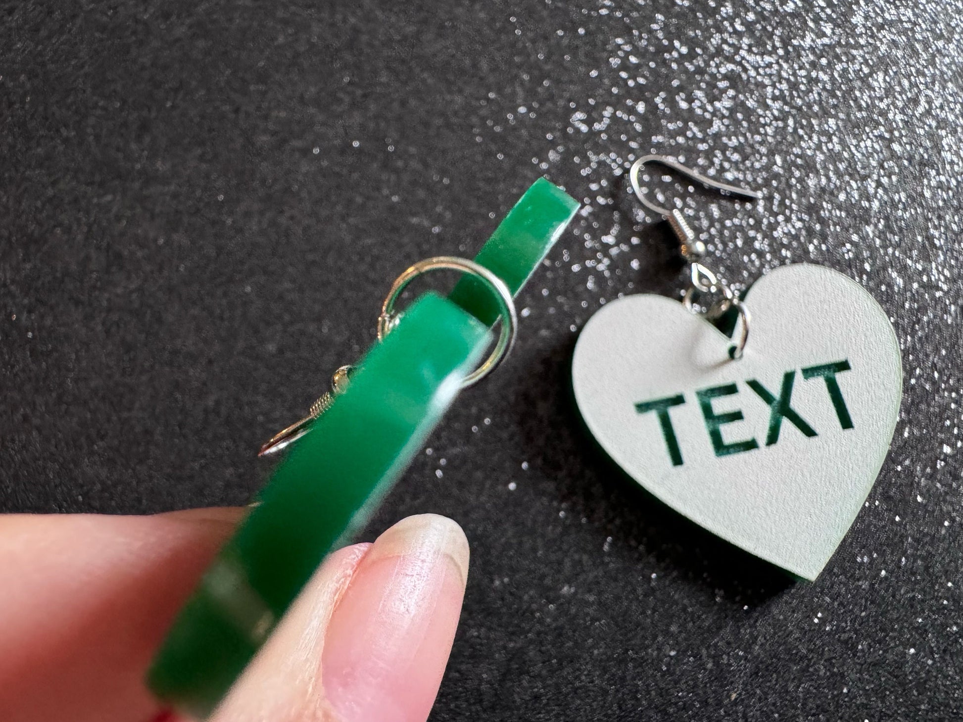Custom Text Earrings: Laser Engraved Words, White with Green Text, Letters, Names, Teacher Gift, Anniversary, Best Gifts for Her/Him/Them