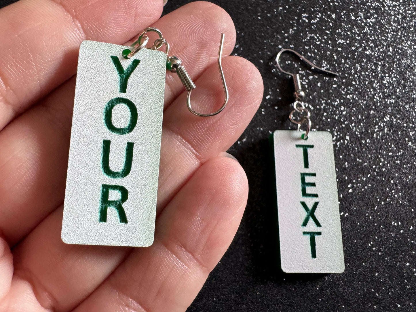 Custom Text Earrings: Laser Engraved Words, White with Green Text, Letters, Names, Teacher Gift, Anniversary, Best Gifts for Her/Him/Them