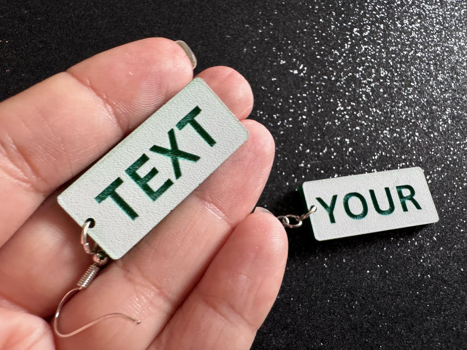 Custom Text Earrings: Laser Engraved Words, White with Green Text, Letters, Names, Teacher Gift, Anniversary, Best Gifts for Her/Him/Them