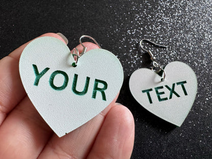 Custom Text Earrings: Laser Engraved Words, White with Green Text, Letters, Names, Teacher Gift, Anniversary, Best Gifts for Her/Him/Them