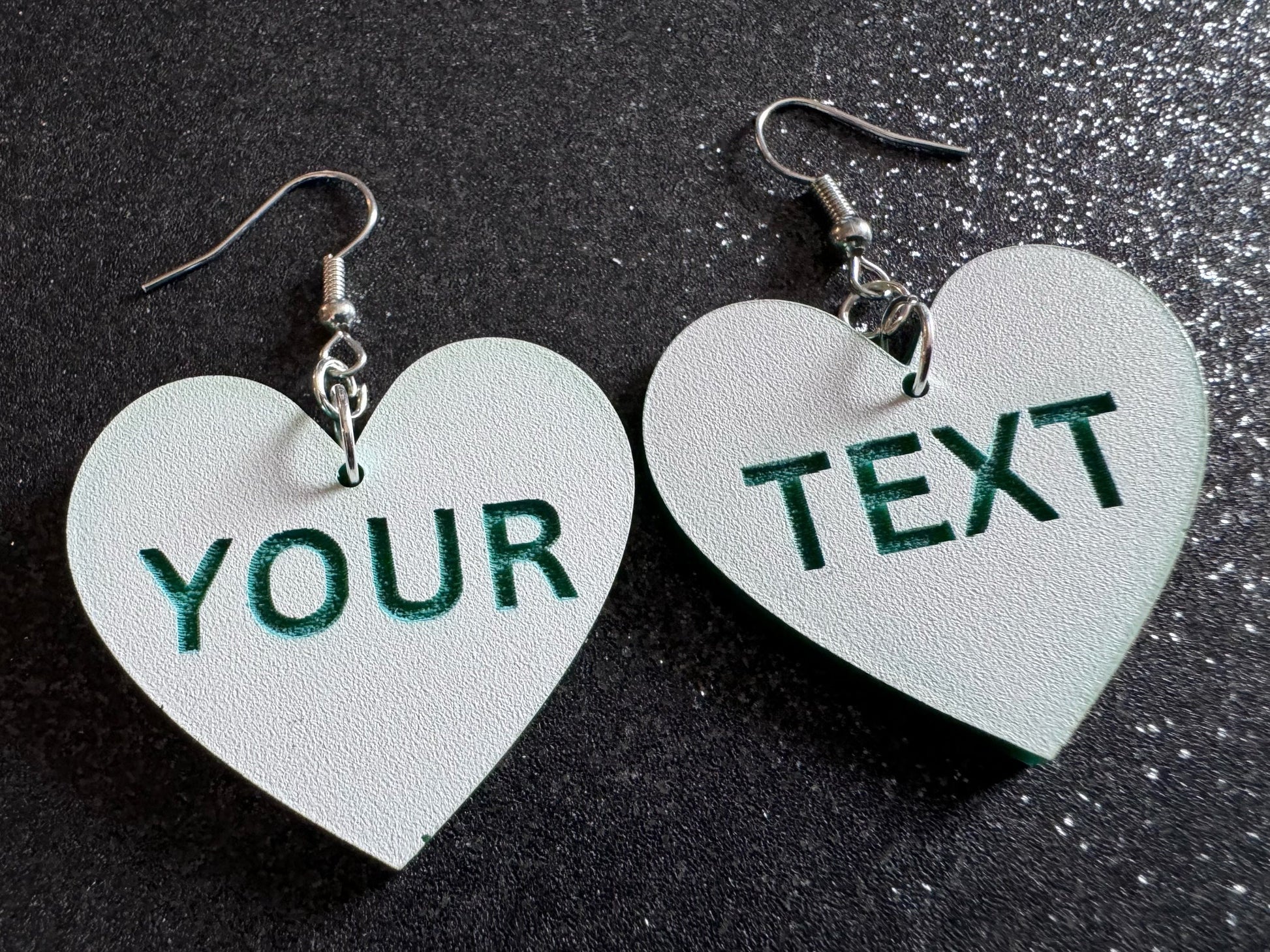 Custom Text Earrings: Laser Engraved Words, White with Green Text, Letters, Names, Teacher Gift, Anniversary, Best Gifts for Her/Him/Them