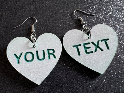 Custom Text Earrings: Laser Engraved Words, White with Green Text, Letters, Names, Teacher Gift, Anniversary, Best Gifts for Her/Him/Them