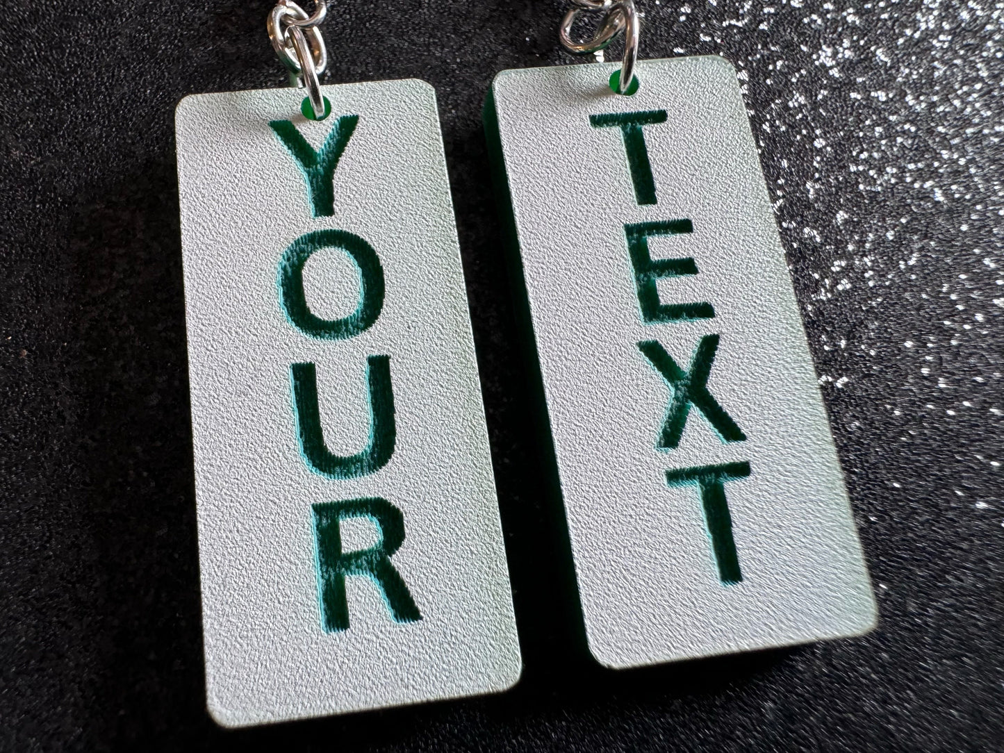 Custom Text Earrings: Laser Engraved Words, White with Green Text, Letters, Names, Teacher Gift, Anniversary, Best Gifts for Her/Him/Them