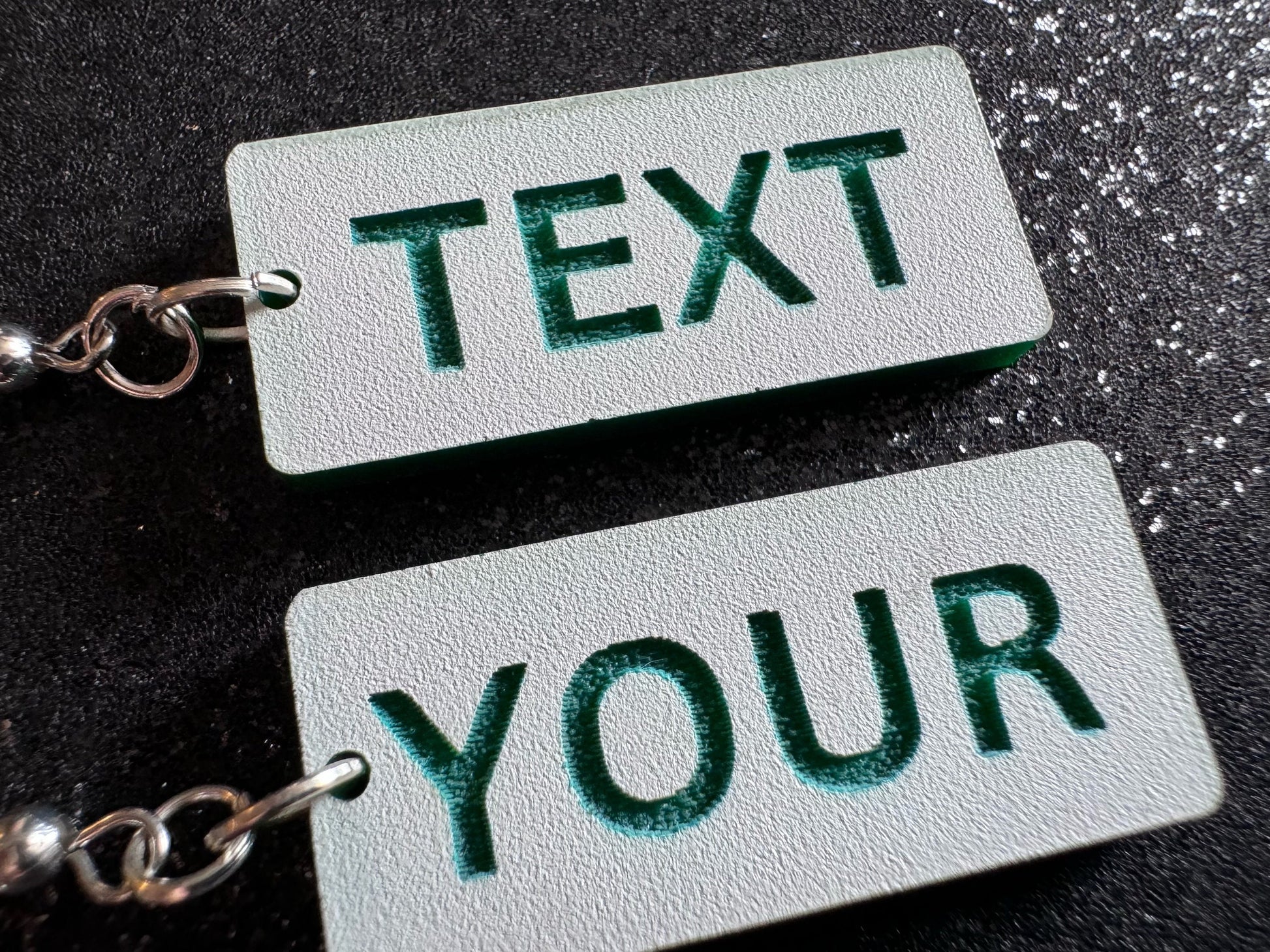 Custom Text Earrings: Laser Engraved Words, White with Green Text, Letters, Names, Teacher Gift, Anniversary, Best Gifts for Her/Him/Them