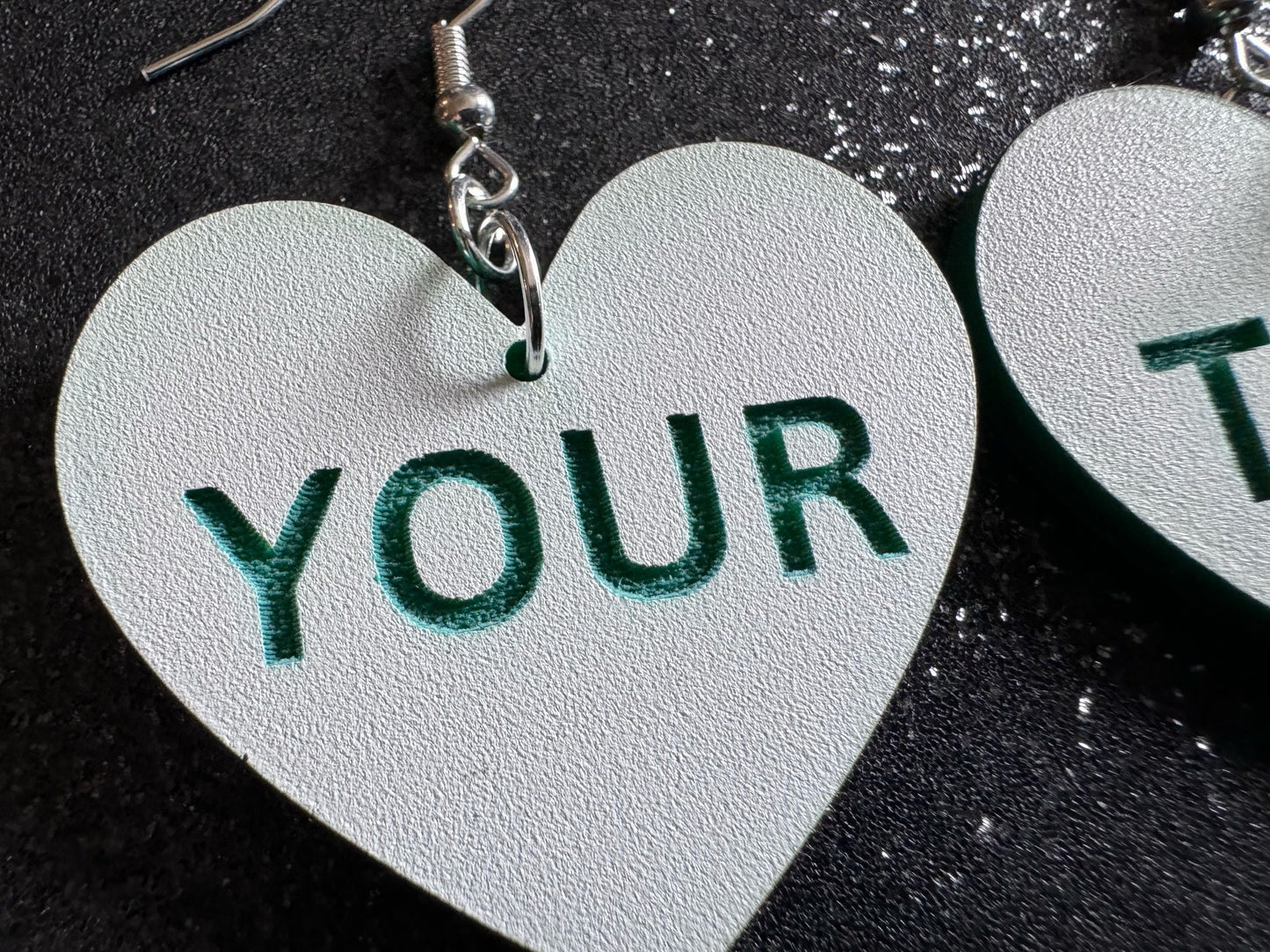 Custom Text Earrings: Laser Engraved Words, White with Green Text, Letters, Names, Teacher Gift, Anniversary, Best Gifts for Her/Him/Them